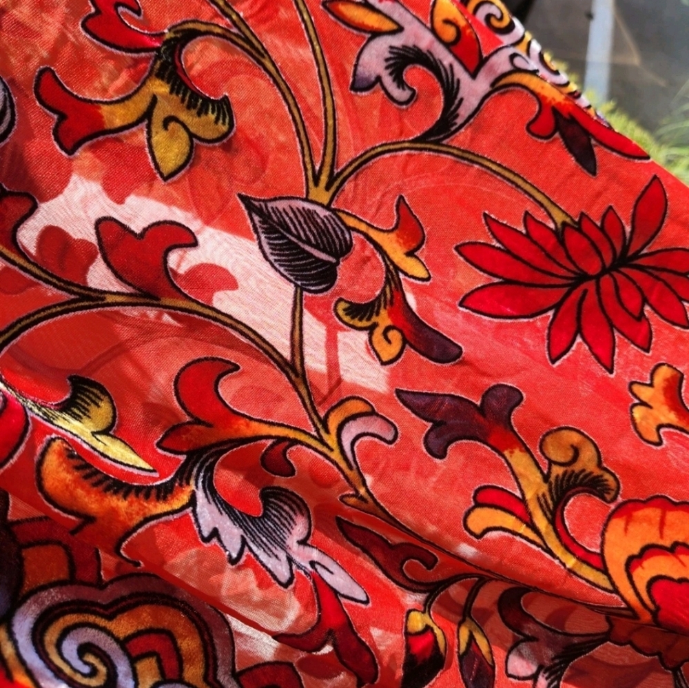 J&X NY Red Floral Silk Viscose Velvet Burnout Fringed Scarf Shawl Wrap 76x20 - Picture 13 of 16